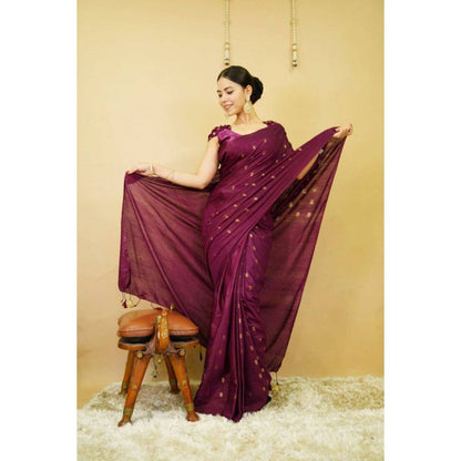 Isadora Life Womens Woven Tassels Purple Pre-Draped Saree with Unstitched Blouse