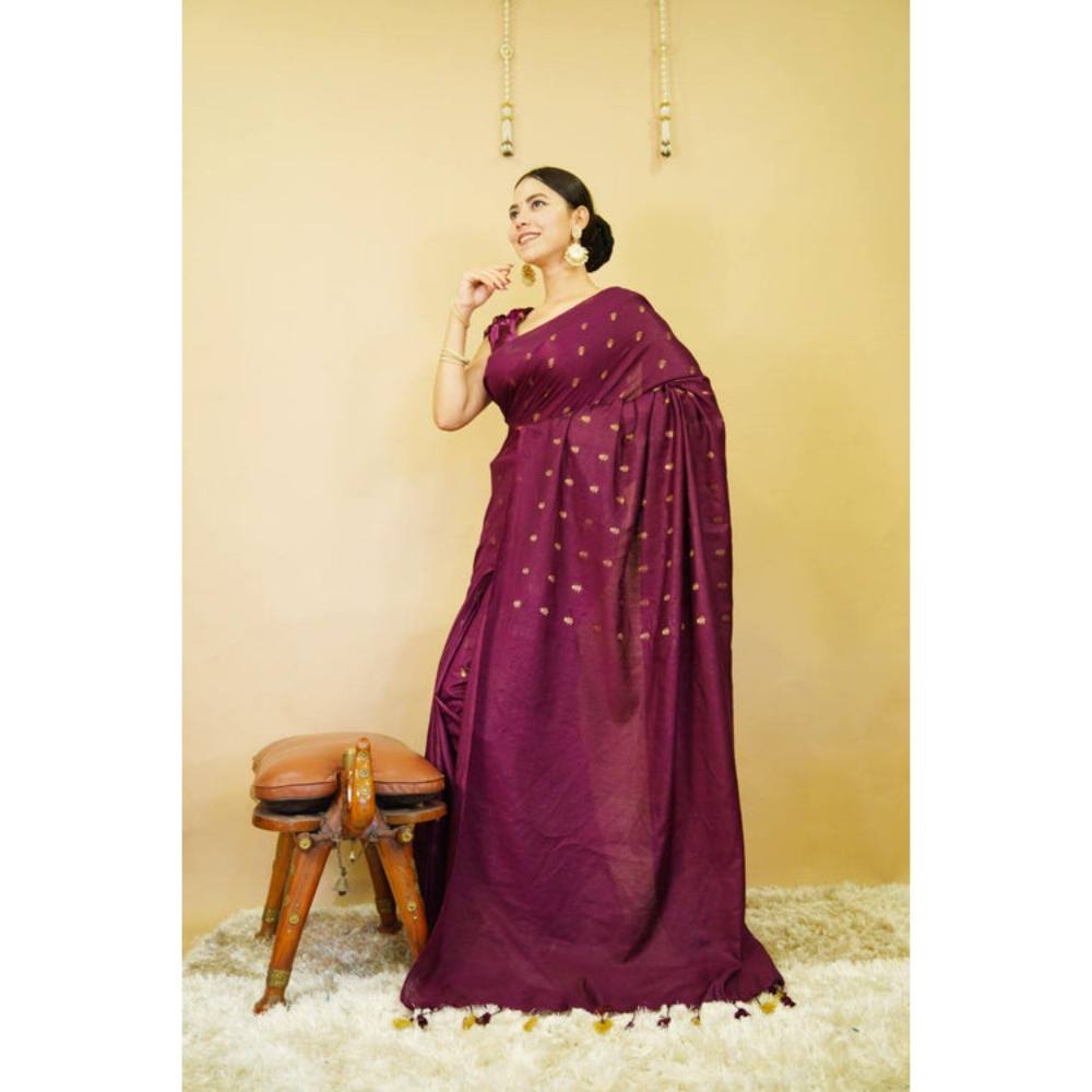 Isadora Life Womens Woven Tassels Purple Pre-Draped Saree with Unstitched Blouse