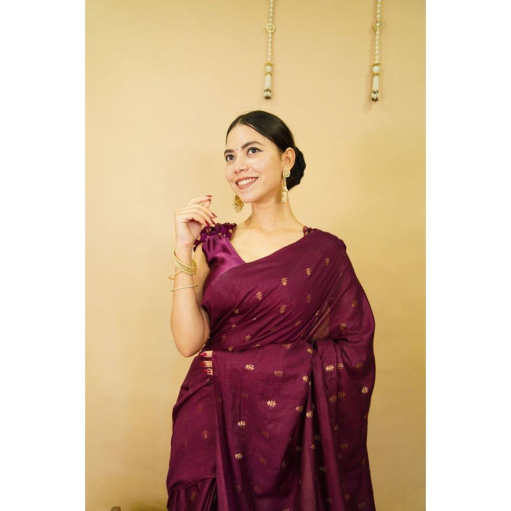 Isadora Life Womens Woven Tassels Purple Pre-Draped Saree with Unstitched Blouse
