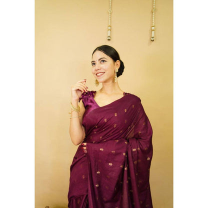 Isadora Life Womens Woven Tassels Purple Pre-Draped Saree with Unstitched Blouse