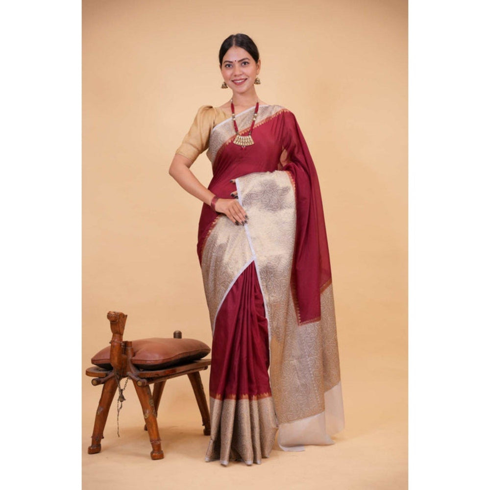 Isadora Life Womens Woven Zari Maroon Pre-Draped Saree with Unstitched Blouse
