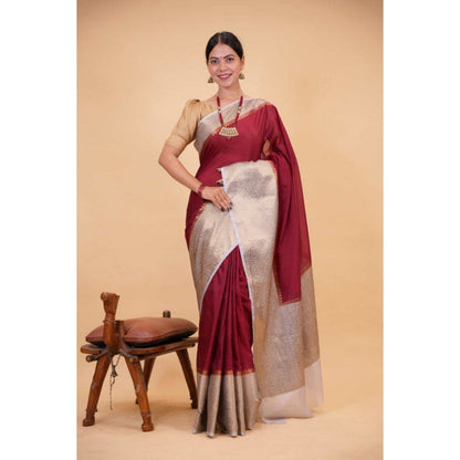 Isadora Life Womens Woven Zari Maroon Pre-Draped Saree with Unstitched Blouse