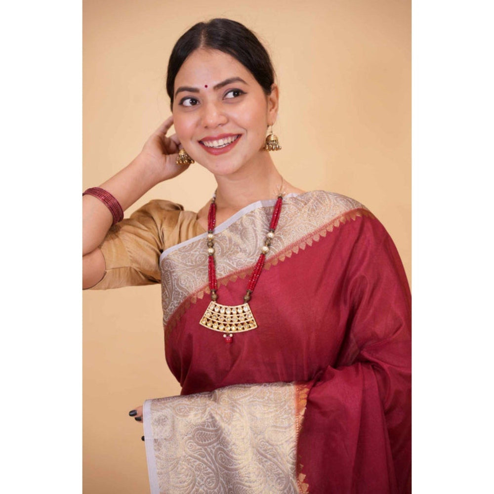 Isadora Life Womens Woven Zari Maroon Pre-Draped Saree with Unstitched Blouse