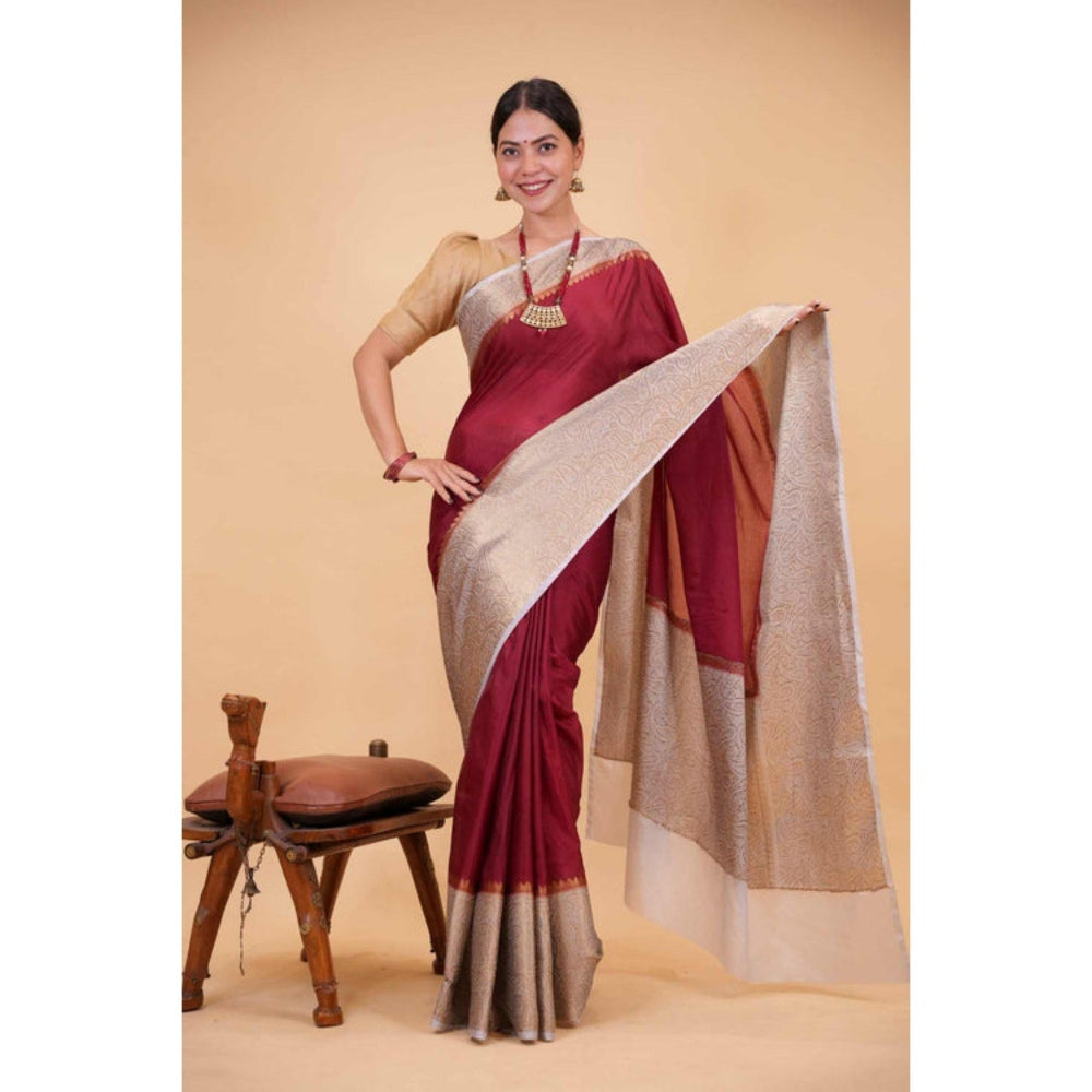 Isadora Life Womens Woven Zari Maroon Pre-Draped Saree with Unstitched Blouse