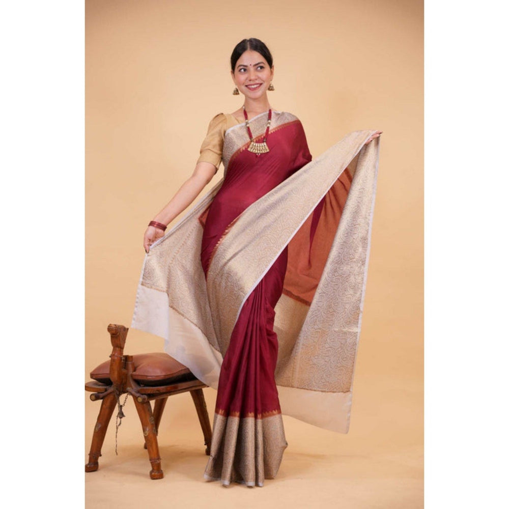 Isadora Life Womens Woven Zari Maroon Pre-Draped Saree with Unstitched Blouse