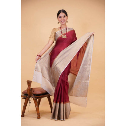 Isadora Life Womens Woven Zari Maroon Pre-Draped Saree with Unstitched Blouse