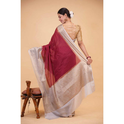 Isadora Life Womens Woven Zari Maroon Pre-Draped Saree with Unstitched Blouse