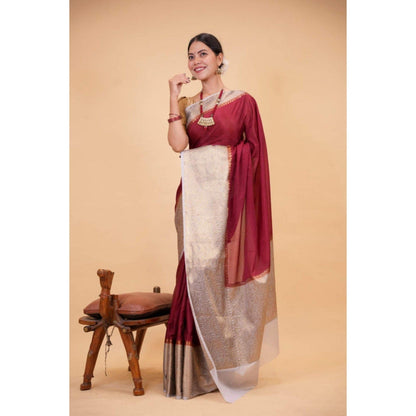 Isadora Life Womens Woven Zari Maroon Pre-Draped Saree with Unstitched Blouse