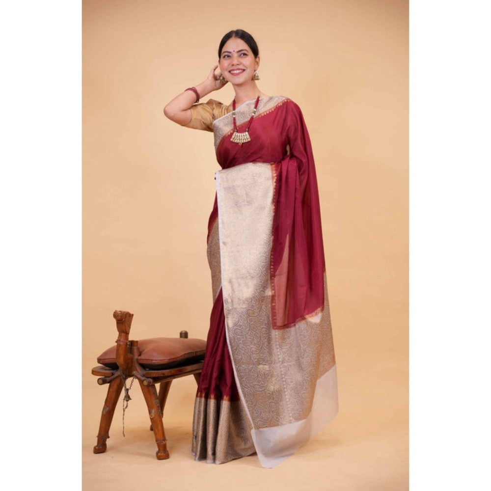Isadora Life Womens Woven Zari Maroon Pre-Draped Saree with Unstitched Blouse
