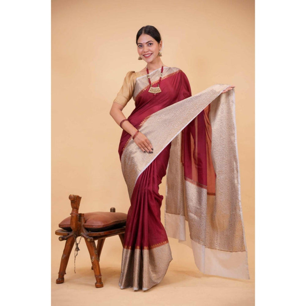 Isadora Life Womens Woven Zari Maroon Pre-Draped Saree with Unstitched Blouse