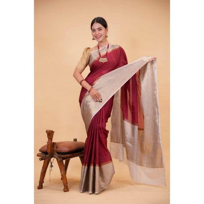 Isadora Life Womens Woven Zari Maroon Pre-Draped Saree with Unstitched Blouse