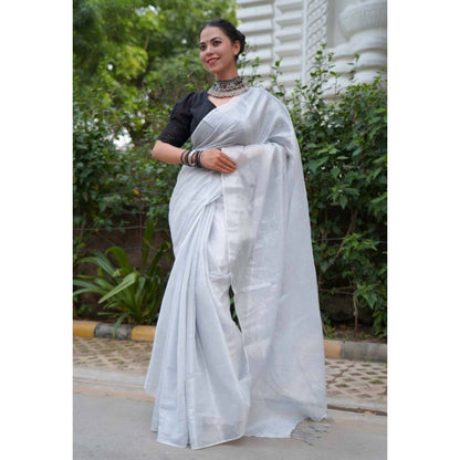 Isadora Life Womens Solid Tassels White Pre-Draped Saree with Unstitched Blouse