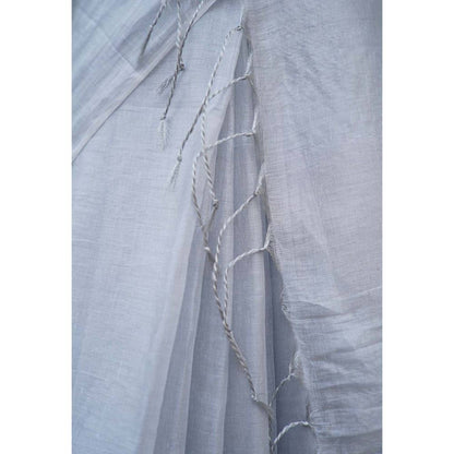 Isadora Life Womens Solid Tassels White Pre-Draped Saree with Unstitched Blouse