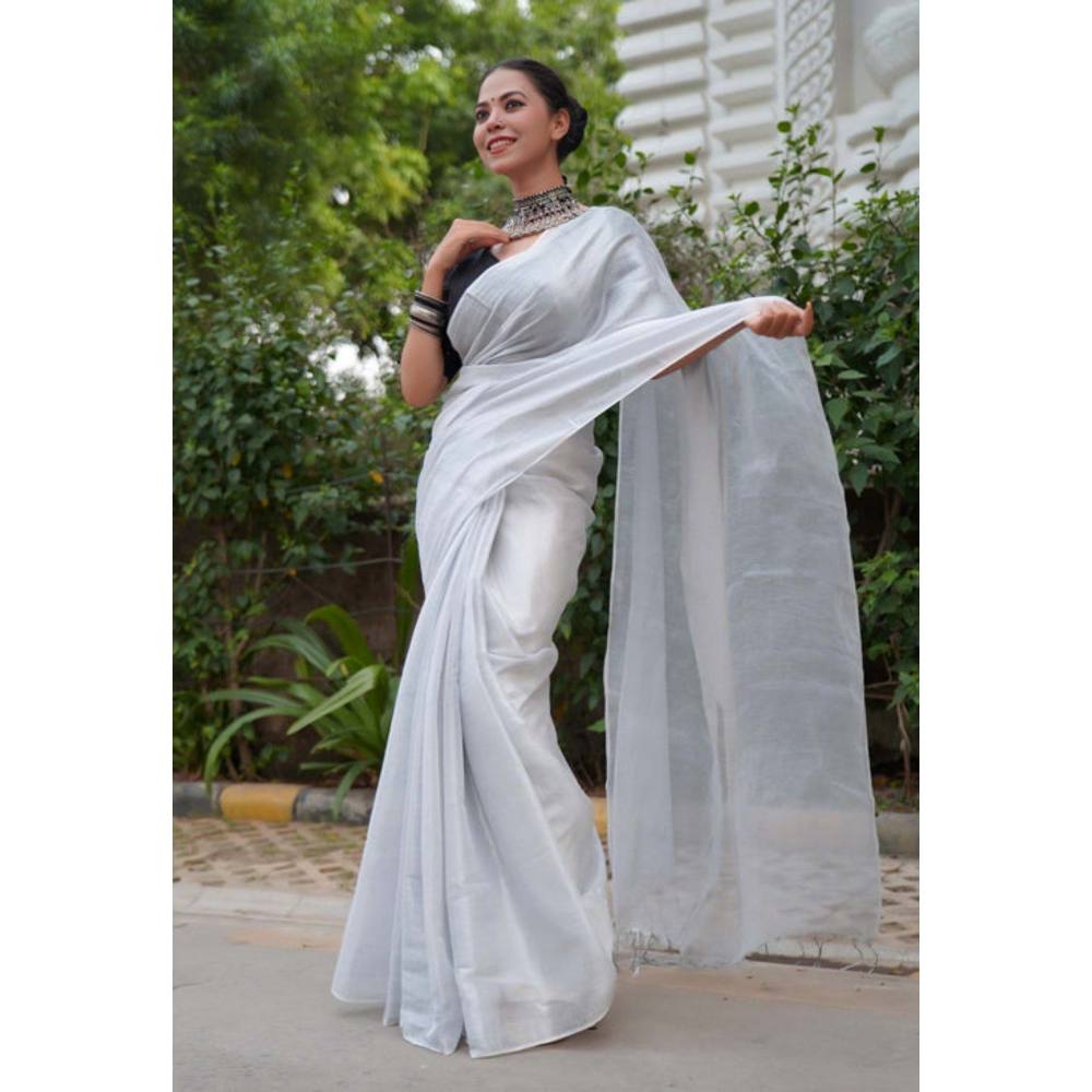 Isadora Life Womens Solid Tassels White Pre-Draped Saree with Unstitched Blouse