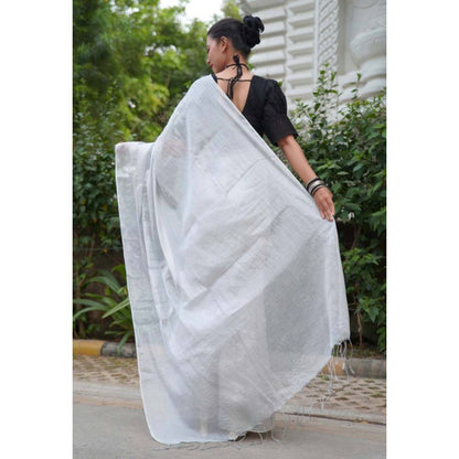 Isadora Life Womens Solid Tassels White Pre-Draped Saree with Unstitched Blouse