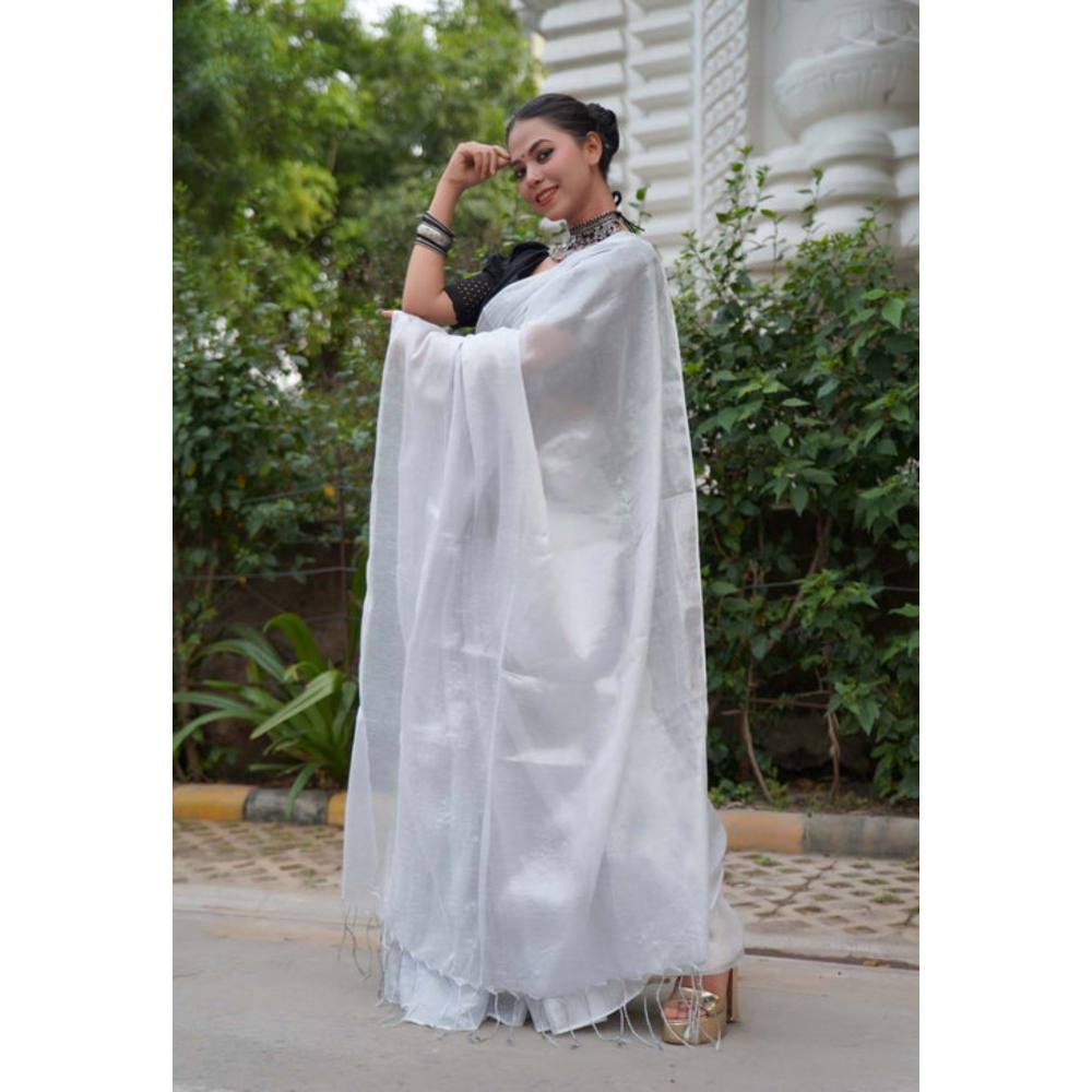 Isadora Life Womens Solid Tassels White Pre-Draped Saree with Unstitched Blouse