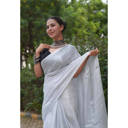 Isadora Life Womens Solid Tassels White Pre-Draped Saree with Unstitched Blouse
