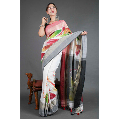 Isadora Life Womens Floral Printed White Pre-Draped Saree with Unstitched Blouse