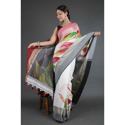 Isadora Life Womens Floral Printed White Pre-Draped Saree with Unstitched Blouse