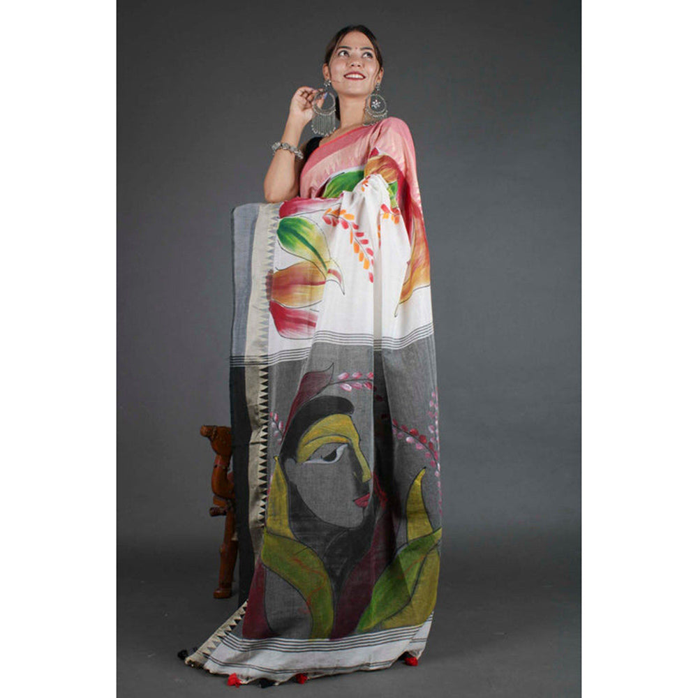 Isadora Life Womens Floral Printed White Pre-Draped Saree with Unstitched Blouse