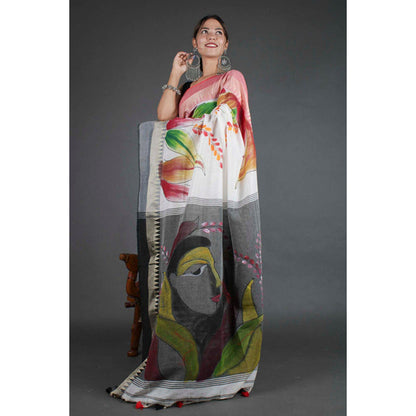 Isadora Life Womens Floral Printed White Pre-Draped Saree with Unstitched Blouse