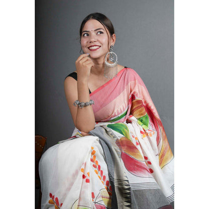 Isadora Life Womens Floral Printed White Pre-Draped Saree with Unstitched Blouse