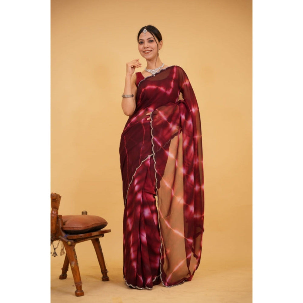Isadora Life Womens Tie & Dye Sequined Maroon Pre-Draped Saree with Unstitched Blouse