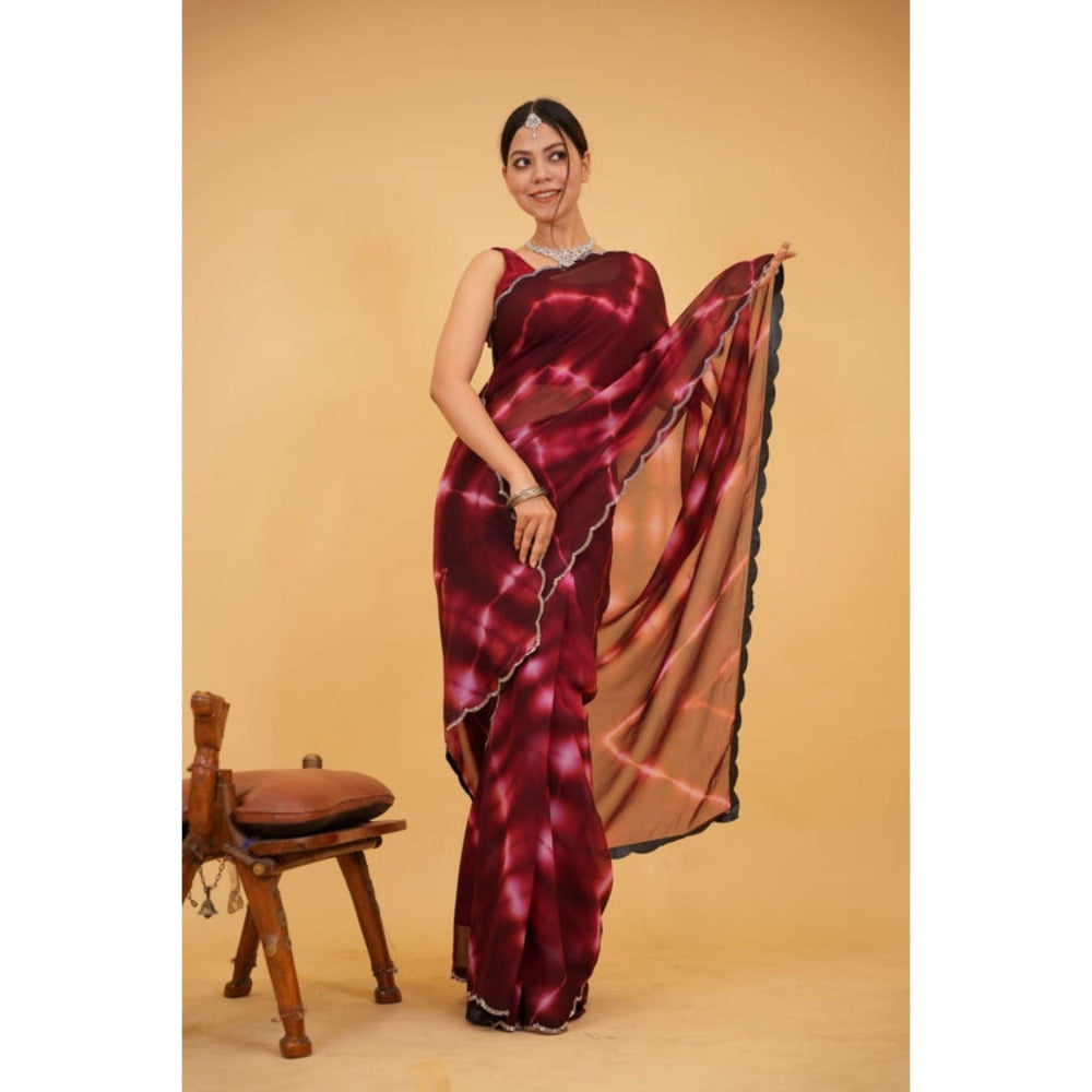 Isadora Life Womens Tie & Dye Sequined Maroon Pre-Draped Saree with Unstitched Blouse