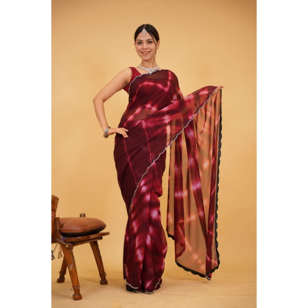Isadora Life Womens Tie & Dye Sequined Maroon Pre-Draped Saree with Unstitched Blouse
