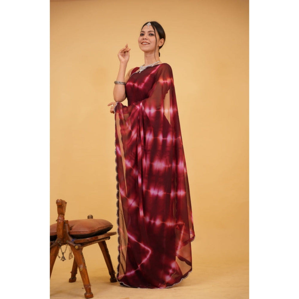Isadora Life Womens Tie & Dye Sequined Maroon Pre-Draped Saree with Unstitched Blouse