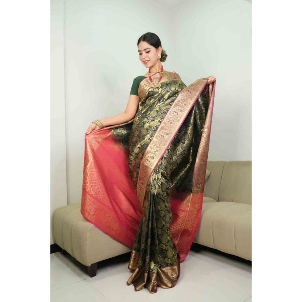Isadora Life Womens Woven Zari Green Pre-Draped Saree with Unstitched Blouse