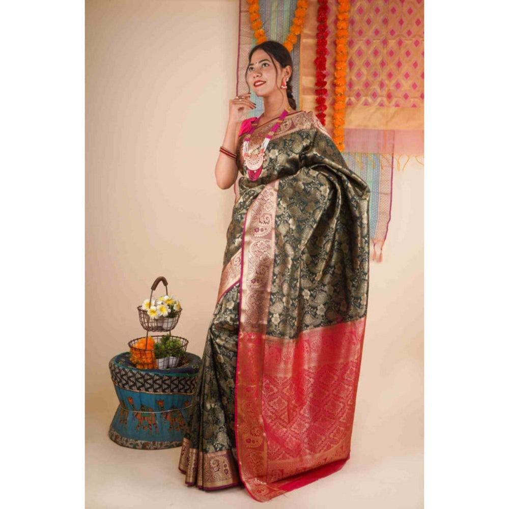 Isadora Life Womens Woven Zari Green Pre-Draped Saree with Unstitched Blouse
