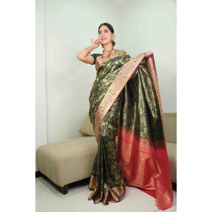 Isadora Life Womens Woven Zari Green Pre-Draped Saree with Unstitched Blouse