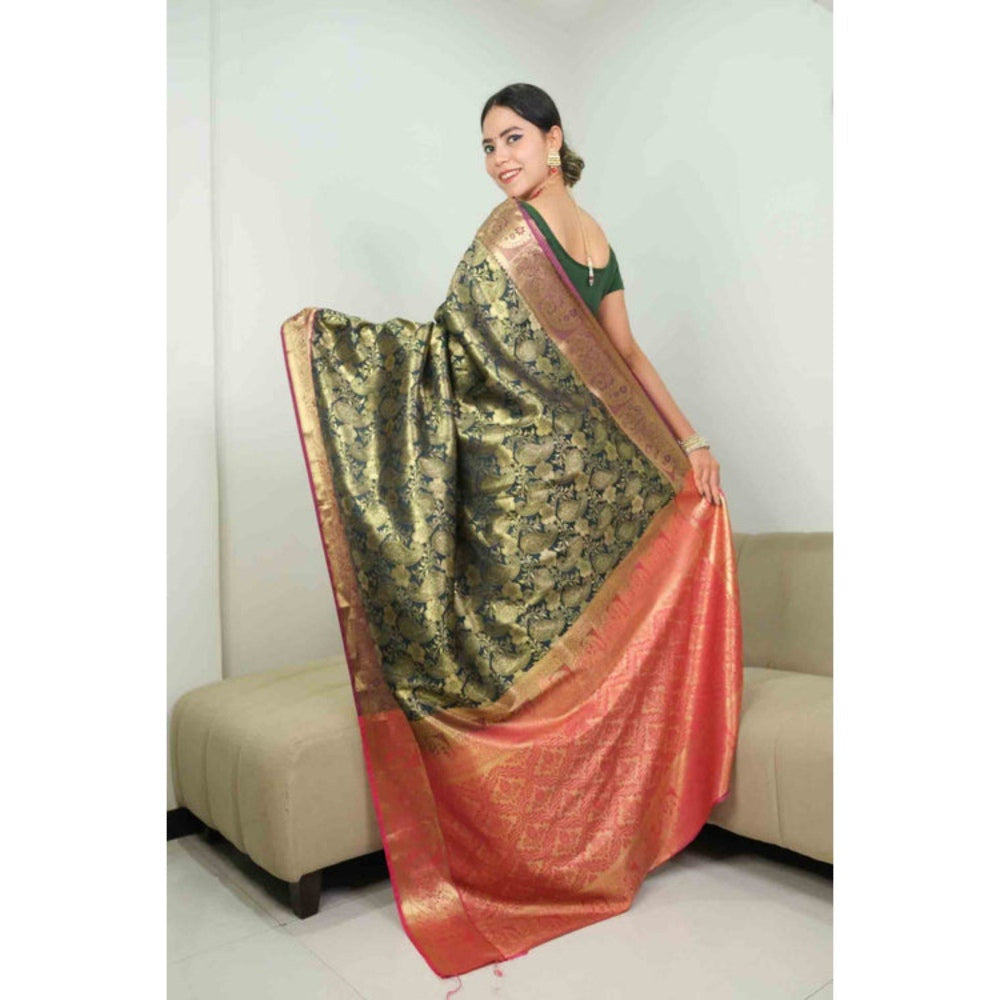 Isadora Life Womens Woven Zari Green Pre-Draped Saree with Unstitched Blouse