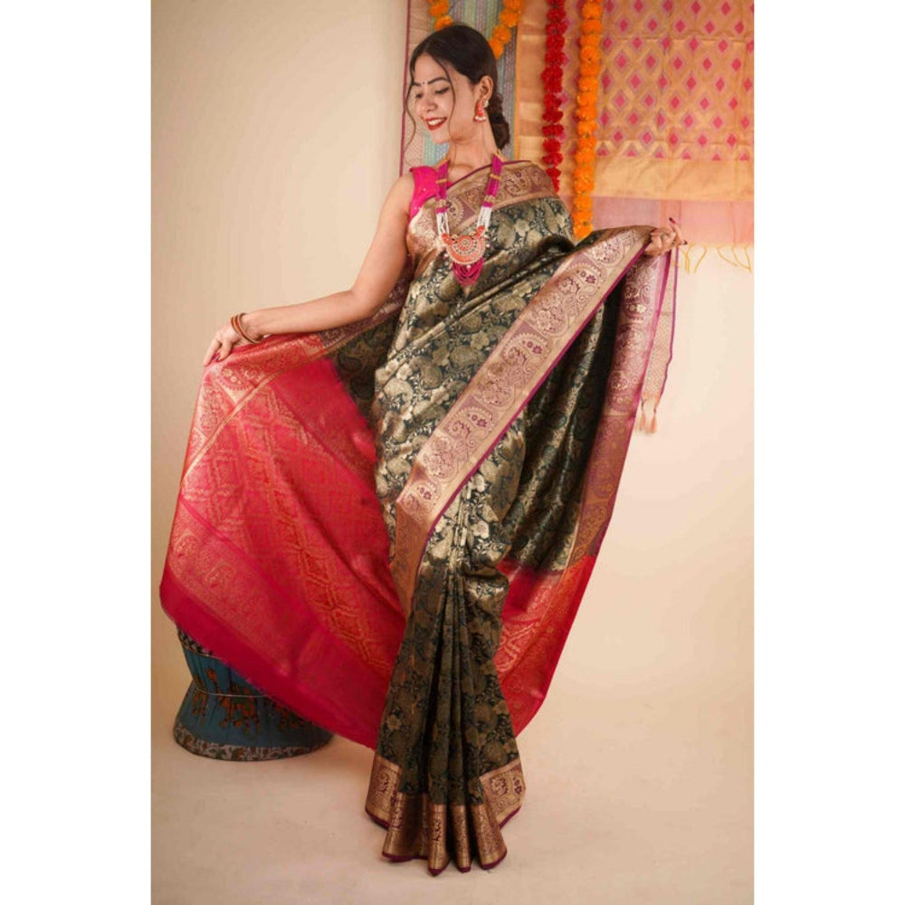 Isadora Life Womens Woven Zari Green Pre-Draped Saree with Unstitched Blouse