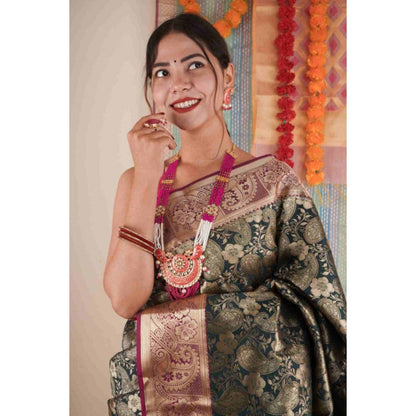 Isadora Life Womens Woven Zari Green Pre-Draped Saree with Unstitched Blouse