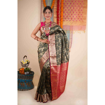 Isadora Life Womens Woven Zari Green Pre-Draped Saree with Unstitched Blouse