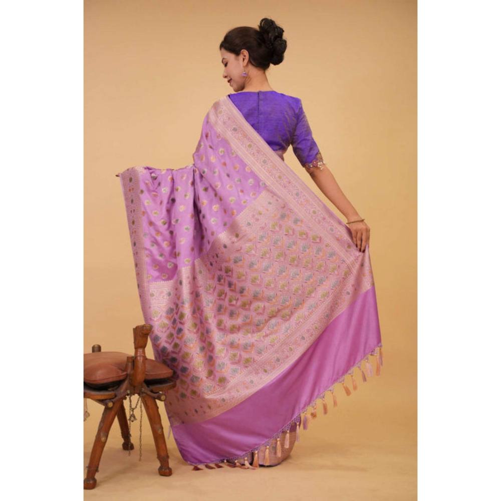 Isadora Life Womens Woven Zari Purple Pre-Draped Saree with Unstitched Blouse