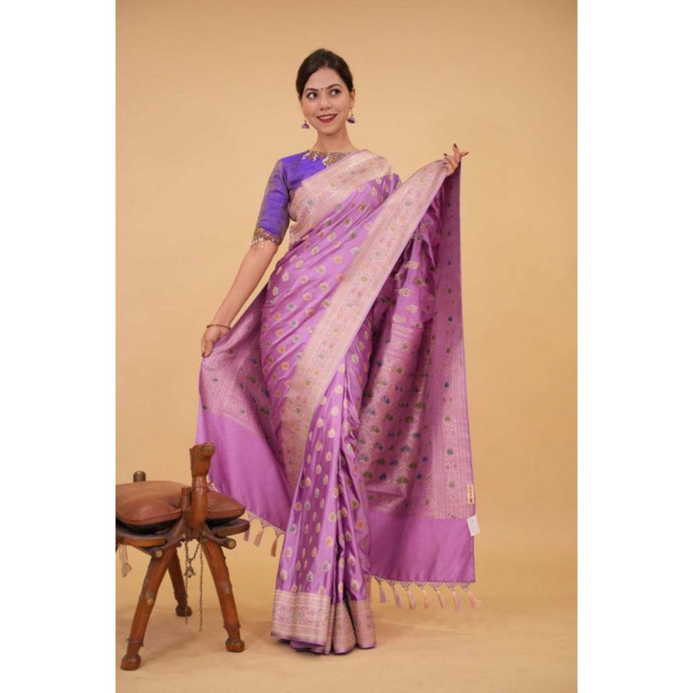 Isadora Life Womens Woven Zari Purple Pre-Draped Saree with Unstitched Blouse
