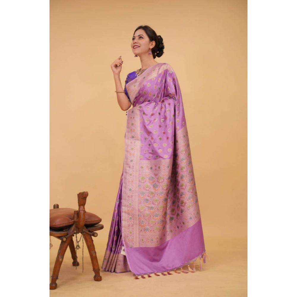 Isadora Life Womens Woven Zari Purple Pre-Draped Saree with Unstitched Blouse