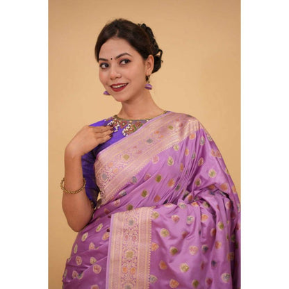 Isadora Life Womens Woven Zari Purple Pre-Draped Saree with Unstitched Blouse