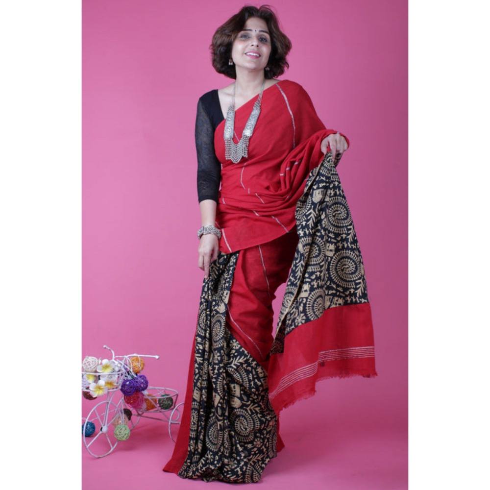 Isadora Life Womens Printed Red Pre-Draped Saree with Unstitched Blouse