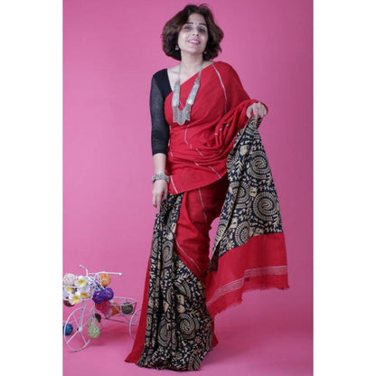 Isadora Life Womens Printed Red Pre-Draped Saree with Unstitched Blouse