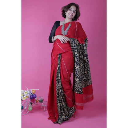 Isadora Life Womens Printed Red Pre-Draped Saree with Unstitched Blouse