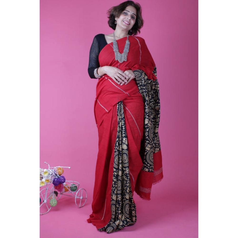 Isadora Life Womens Printed Red Pre-Draped Saree with Unstitched Blouse