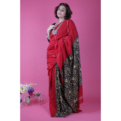 Isadora Life Womens Printed Red Pre-Draped Saree with Unstitched Blouse