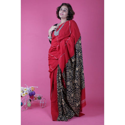 Isadora Life Womens Printed Red Pre-Draped Saree with Unstitched Blouse