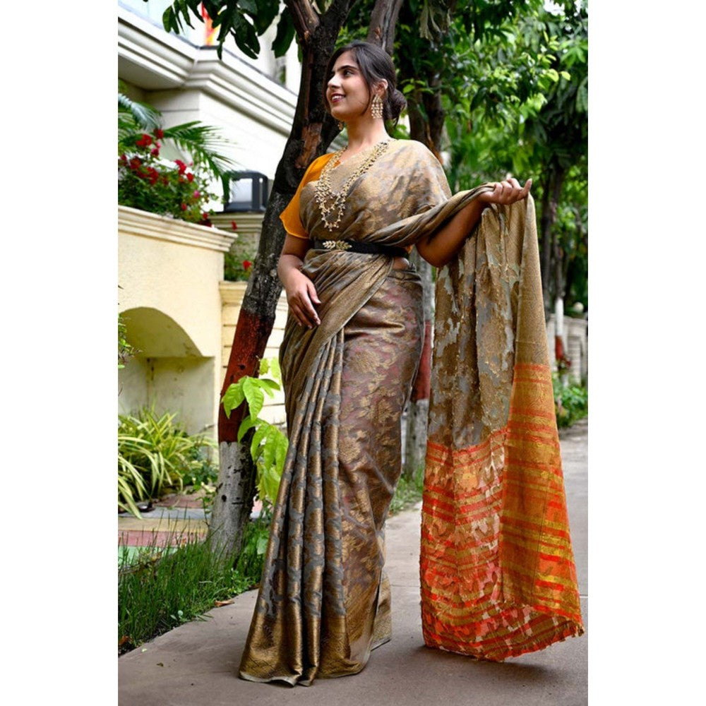 Isadora Life Womens Woven Zari Multi-Color Pre-Draped Saree with Unstitched Blouse
