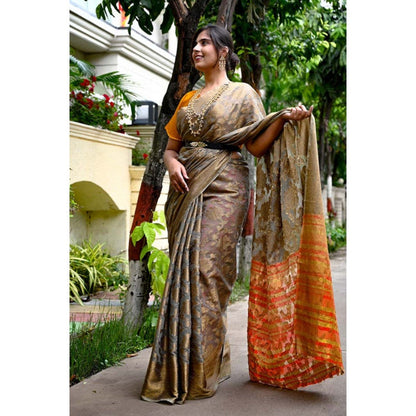 Isadora Life Womens Woven Zari Multi-Color Pre-Draped Saree with Unstitched Blouse