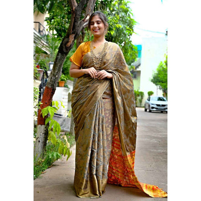 Isadora Life Womens Woven Zari Multi-Color Pre-Draped Saree with Unstitched Blouse